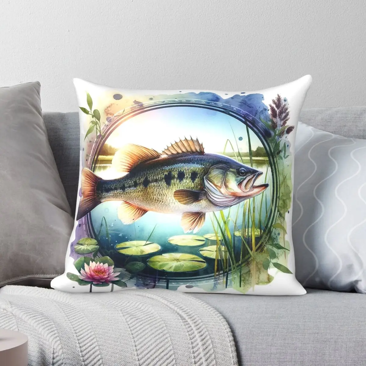 Fishing Lake Largemouth Bass Fish Square Pillowcase Polyester Linen Velvet Pattern Decor Throw Pillow Home Cushion Case 45x45