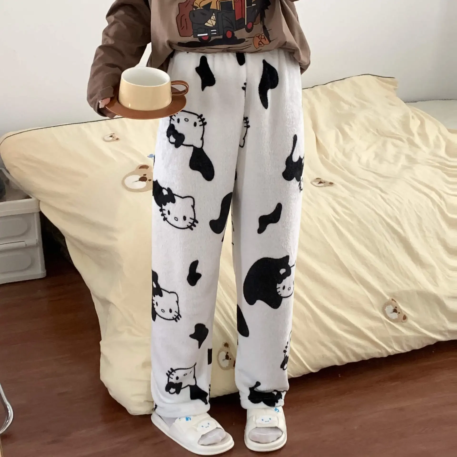 Anime Figure Sanrios Hellokittys Pochacco New Flannel Pajamas Autumn and Winter Single Pants Cartoon Plus Velvet Home Pants Gift