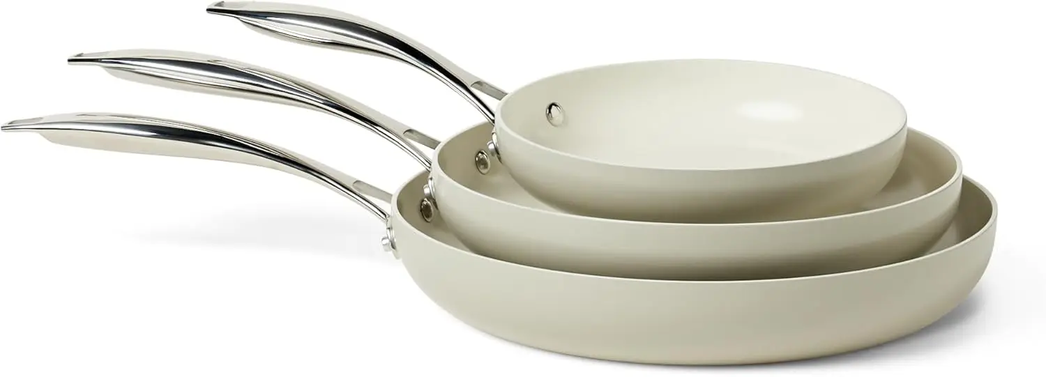 

Ceramic Nonstick Cookware, 3-Piece Set of Pans, All Cooktop Friendly, Dishwasher-Safe, Linen Gray