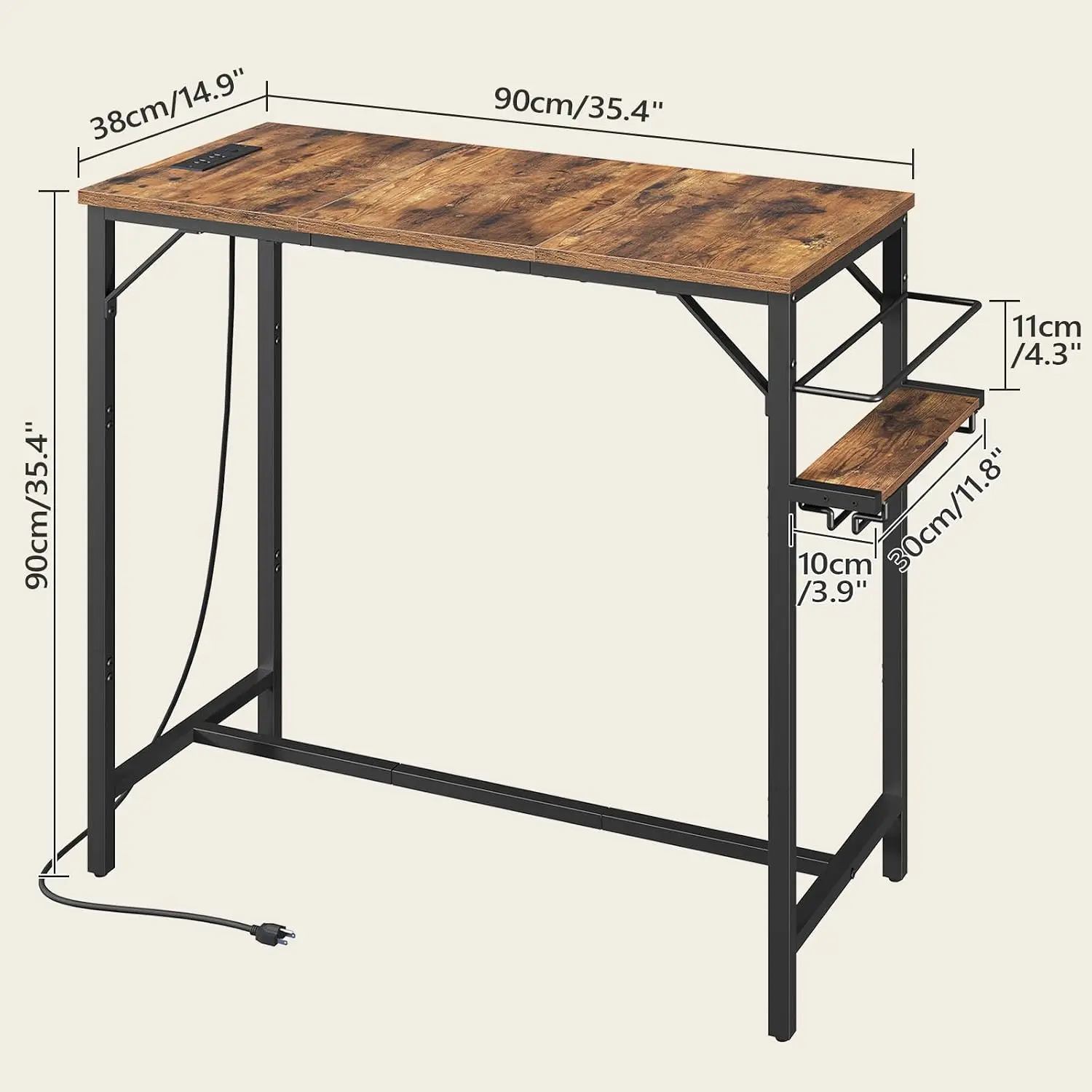 Bar Table, 35.4-Inch Counter Height Pub with Charging Station, Rectangular Dining Wine Rack and Glass Holder, High Top Cocktail