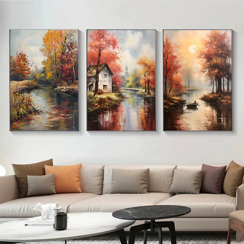 1pc frameless Canvas Painting Abstract Autumn Fall Landscapes Art Posters Forest The River Prints Canvas Painting Wall Art Pictu