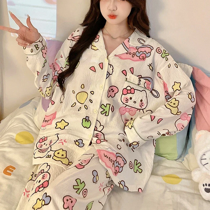 

Kawaii Sanrio Hello Kittys Pajama Sets Autumn Cartoon Anime Clouds Cotton Bag Chest Pad Long Sleeves Long Pants Home Clothes Set