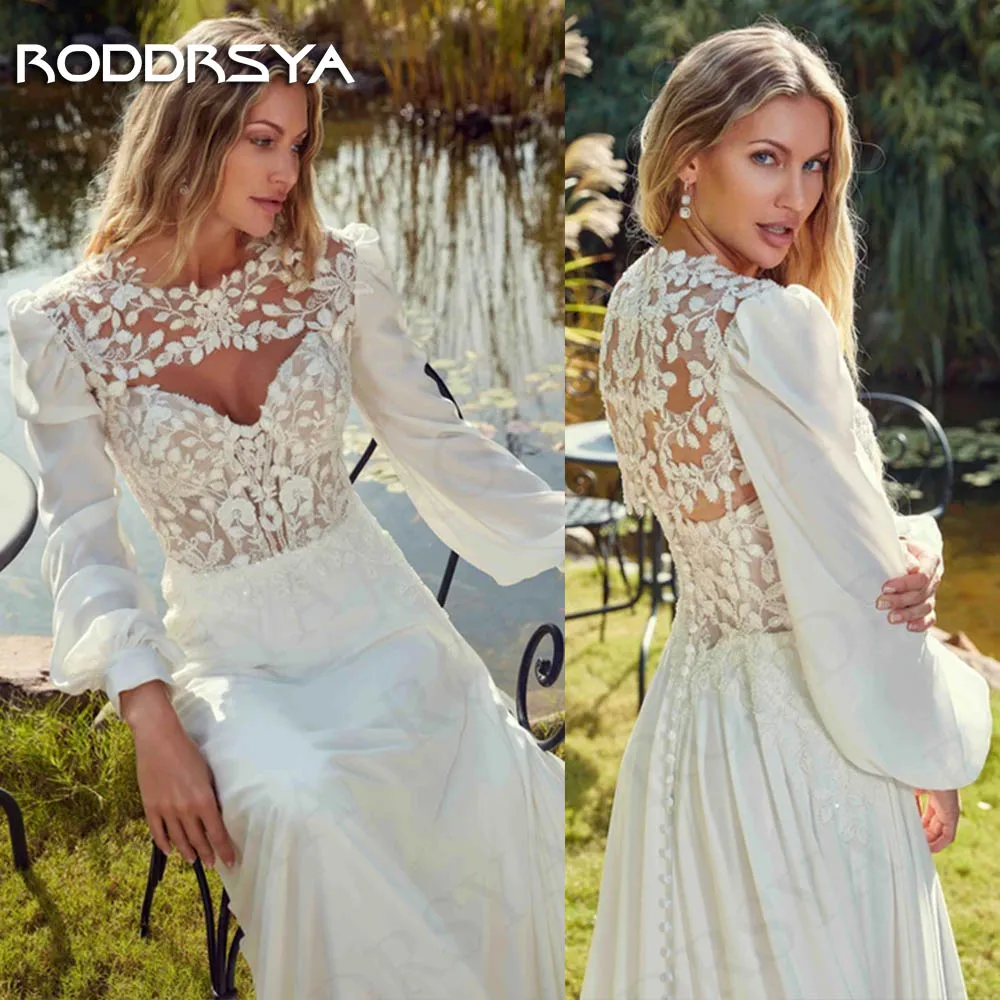 RODDRSYA Boho Chiffon Vestido De Noiva свадебное платье Destacável Manga Longa Lace A Line Vestidos De Noiva Ilusão Apliques Praia Vestido de noiva Boho Chiffon свадебное платье  Vestidos de noiva em linha A com renda