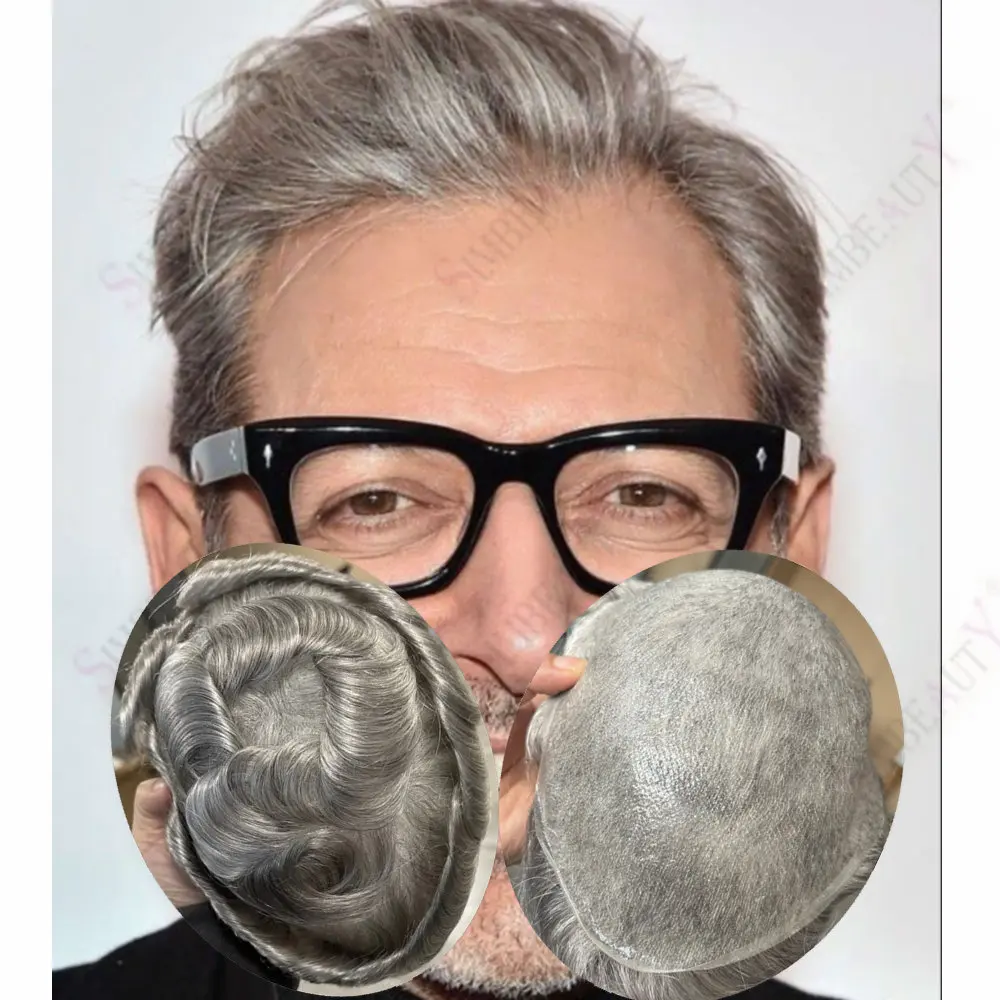 Невидимый супер 0,02 мм, тонкая кожа, естественная линия роста волос, плотность 80%, серый 1B65, блондинка, мужской парик, система капиллярных протезов из человеческих волос