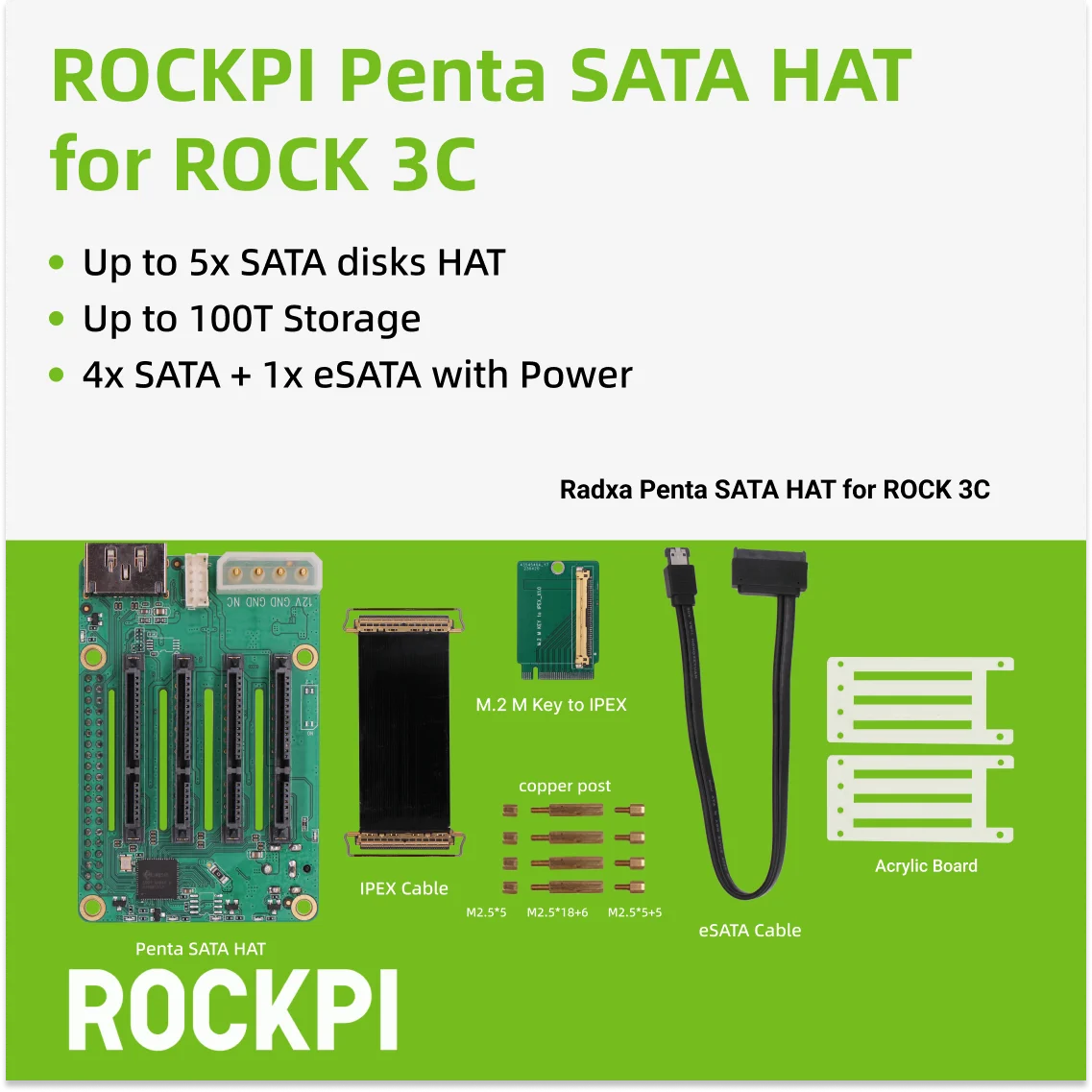 ROCKPI Penta SATA HAT — До 5 дисков SATA HAT для Raspberry Pi 5 и ROCK Pi SBCs, 3C,5A, 4A / 4B / 4SE / 4A+ / 4B+ / 3A