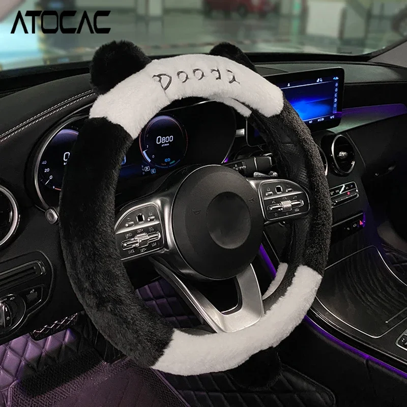 Cute Panda Steering Wheel Cover Cars Universal Soft Fluffy Grip Handle Non Slip Sheath Decor Auto Vehicles Interior Accessories