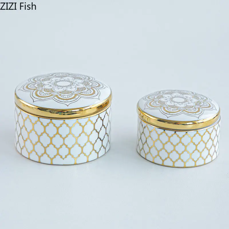 Gold Plated Pattern Storage Tank Tea Canister Minimalist Round Ceramic Storage Jar and Lids Candy Pots Porcelain Jewelry Box