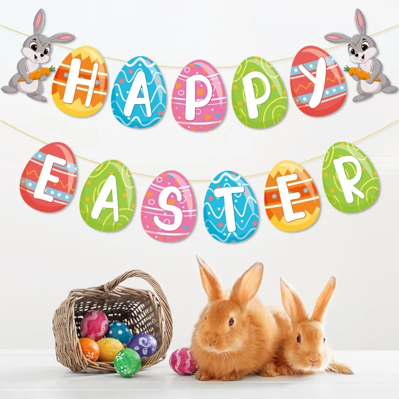 

Easter Party Decorations Happy Easter Paper Banner Bunny Egg Flag DIY Anniversary Graduation Easter Party