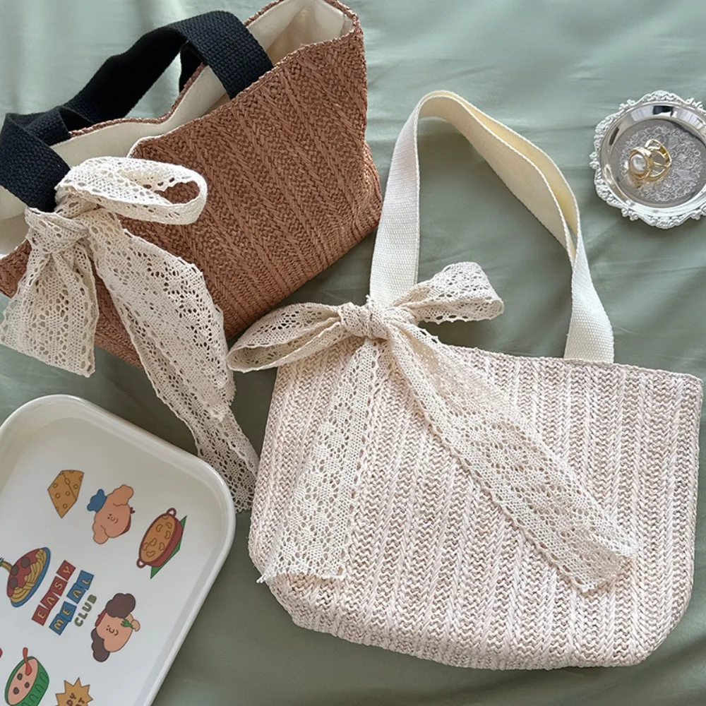 

Large Capacity Solid Color Bowtie Beach Handbag Ribbon Soft Straw Woven Bag Portable Lunch Bag