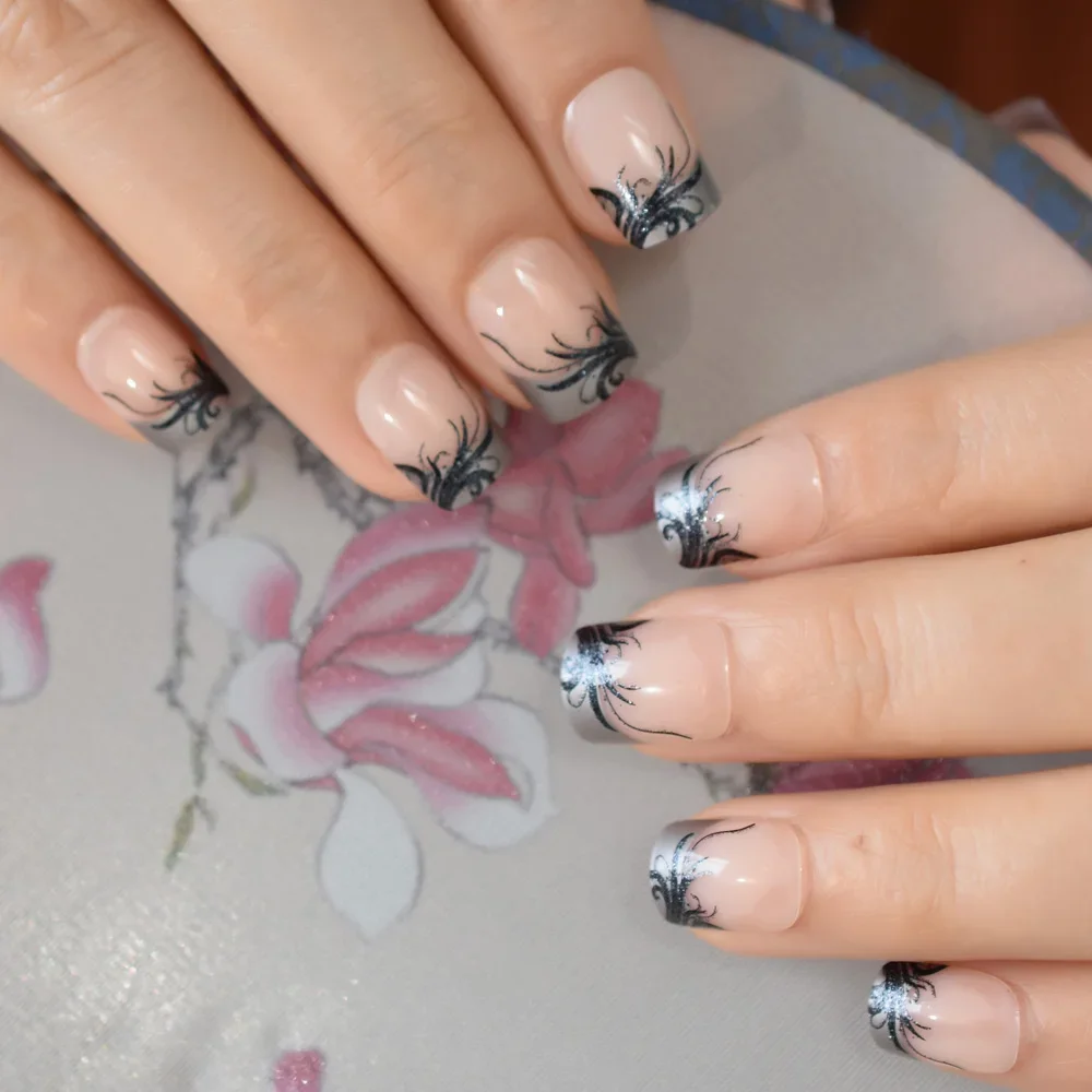 Square Short French Fake Nails with Flower Pattern Decoration