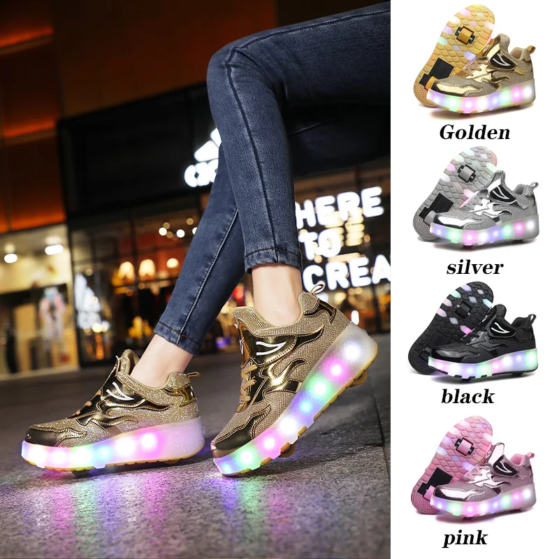 زلاجات دوارة للأطفال بعجلات قابلة للإزالة ، أحذية رياضية وامضة بإضاءة ليد ، أحذية جري ، رياضة التزلج ، عجلتين ، أولاد ، بنات