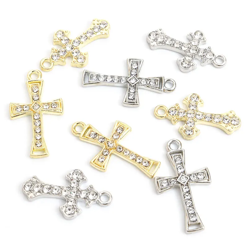 10pcs Cross Rhinestones Inlaid Faith Charms for Religious Rosary Jewelry Making DIY Necklace Earrings Keychain Alloy Pendants