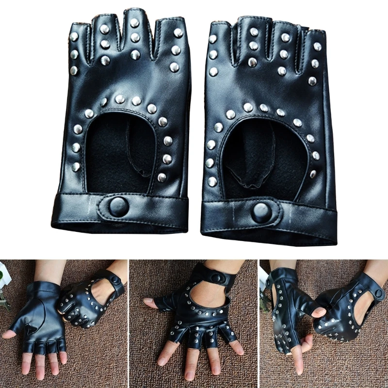 

Women Girl Riding Biking Cycling Gloves Cosplay Half Finger PU Gloves for Girls Rocker Star PU Gloves