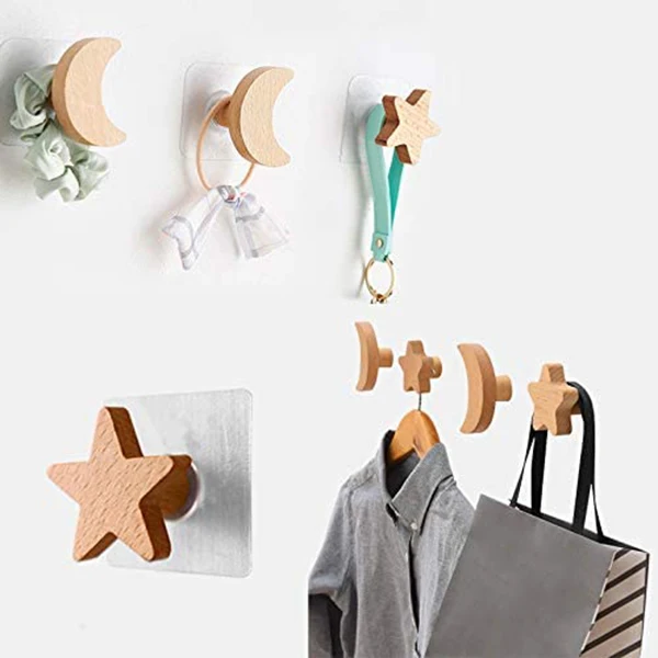 4 Pcs Wall Mounted Beech Adhesive Hooks,Coat Hooks, Entryway Heavy Duty Single Towel Hooks,Home Decoration(Moon