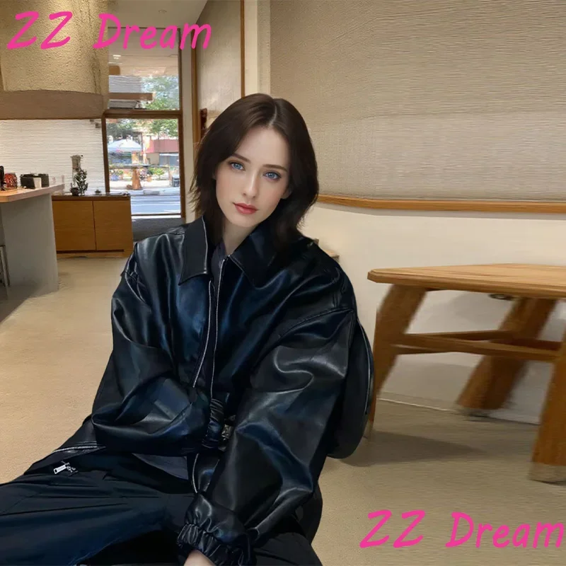 

Streetwear Women's Retro Loose Short PU Faux Leather Jacket Female Casual Zipper Coat 2025 New Autumn Y2K Moto Biker Outwear