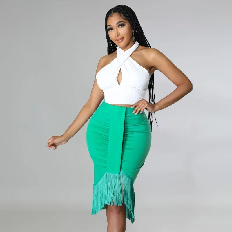 

GUWU Summer Street Twist Crop Top Tassel Midi Skirt Suit Matching Set Sexy Women Outfits Elegant Chic Tracksuit
