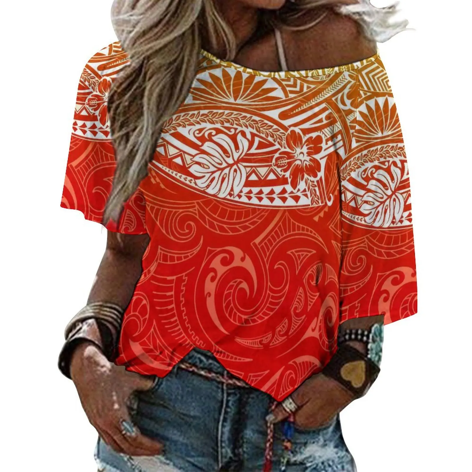 2024 Summer Women'S Off-The-Shoulder Top Loose Casual T-Shirt Polynesian Islands Paired With An Everyday Fashion Top