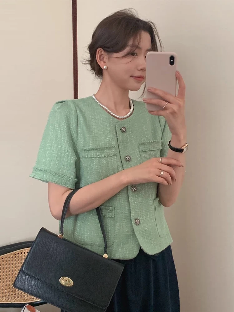 

Chic Summer Vintage Small Fraance Sle ort Sve Jaet Women's Faion Patchwork Multi-ket Turn-Down Collar Coat