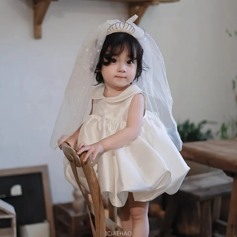 

2025 Baby Girls 1st Birthday PrincessGirl Wedding Tutu Party Outfit New Elegant Satin Ball Gown Dress Zhuazhou Gown Flower