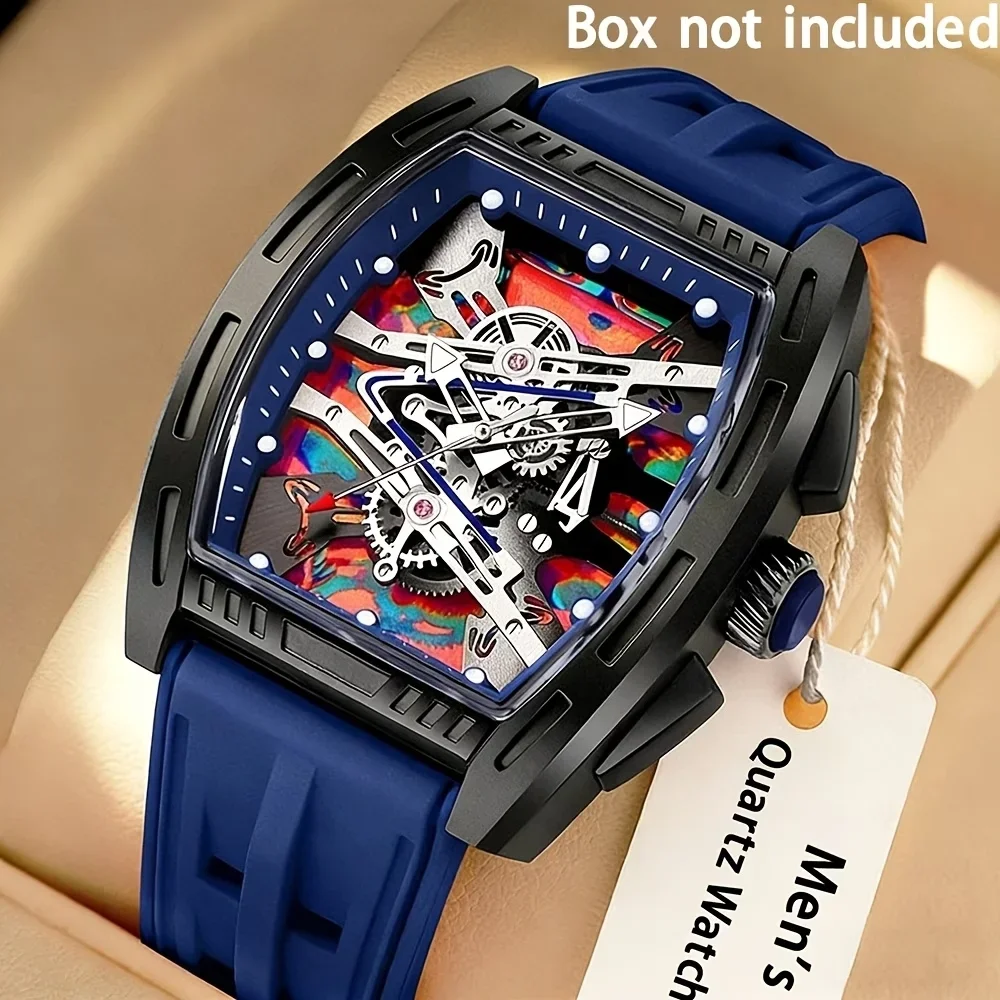 2PCS  Men Charming  Watches Set Silicone Strap Tonneau Skeleton Dial Male's Quartz Wristwatch Relogio Masculino（Without Box）