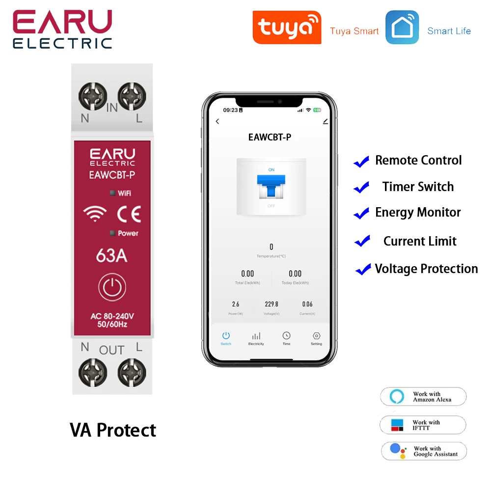 Tuya WiFi Smart Circuit Breaker EAWCBT-P MCB Timer 1P+N 63A Power Energy  Voltage Current  Protector Voice Remote Control Switch