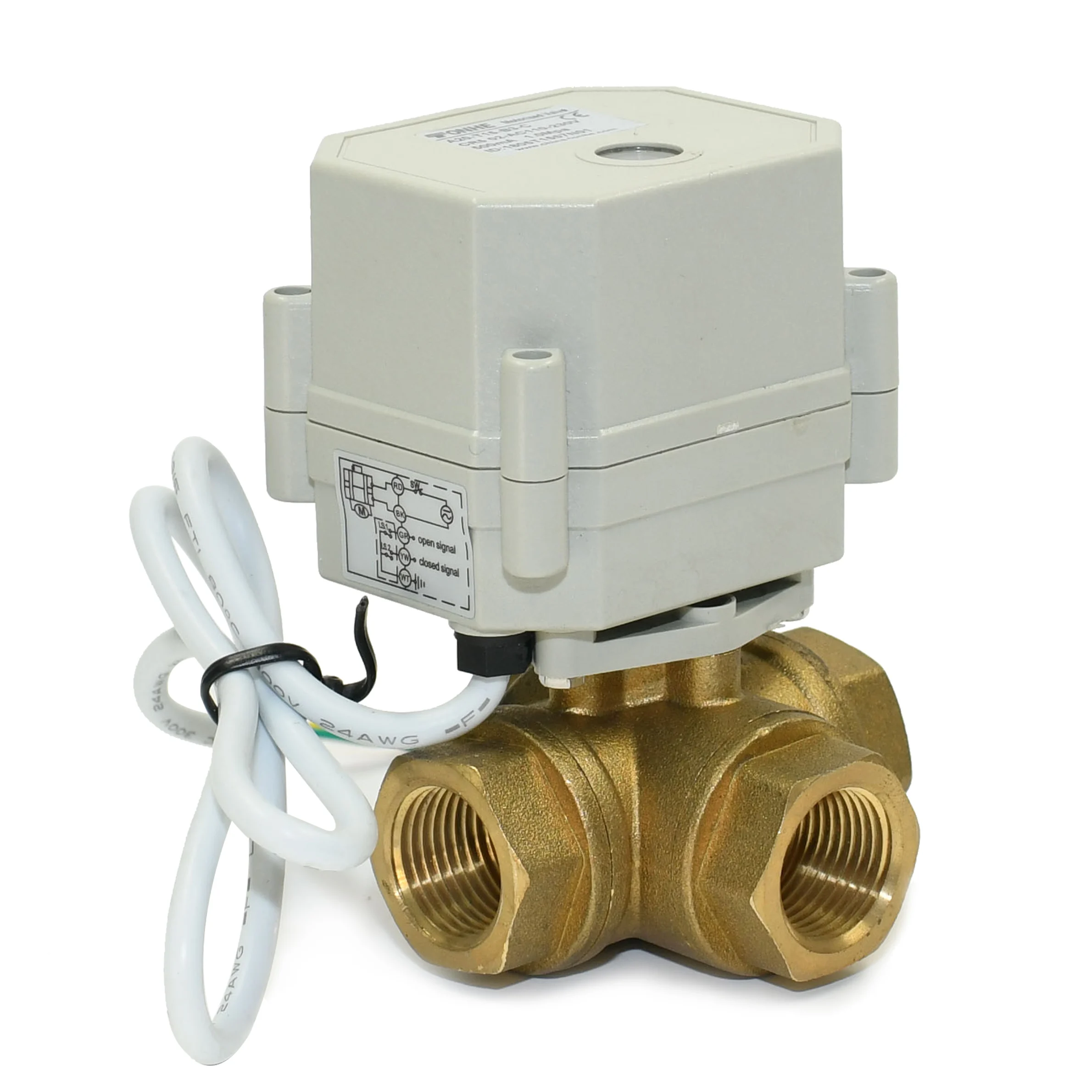 A20-T15-B3-C 1/2 inch DN15 brass electric ball 3-way left-pass electric valve