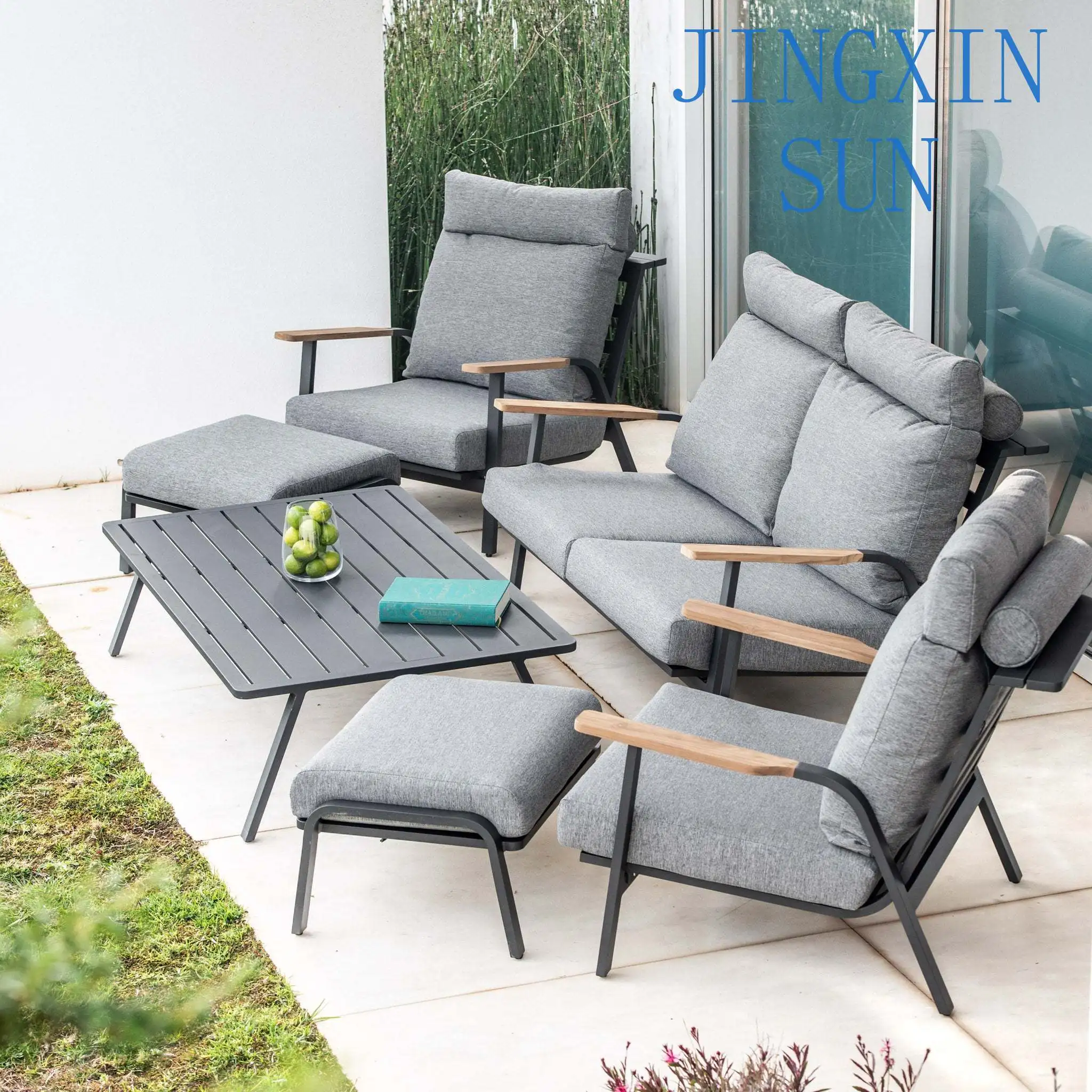 Patio Furniture Luxury Aluminium Lounge Outdoor Metal Conversation Sets with End Table Garden Teak Sofa Set with Ottomans