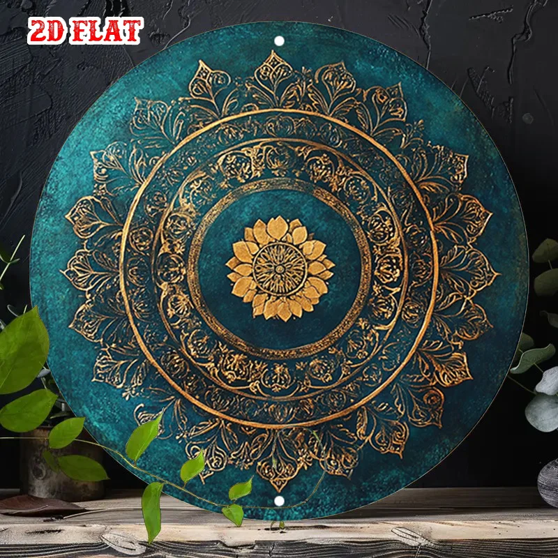 Runde Vintage 2D-Blechschild, goldene Lotus-Türkis-Wandkunst mit Blumenmuster, Wanddekoration aus Aluminium für das Wohnzimmer