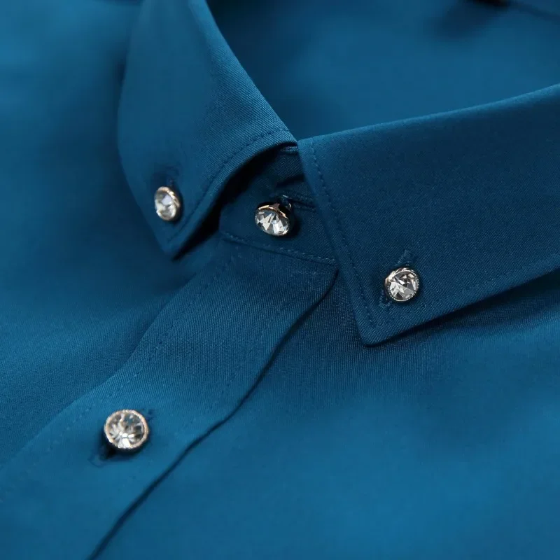 

New Mens Solid Color Socia Shirt Comfortable - Soft Business Fashion Mulberry Silk Fabric Business Long Sleeve Shirt Male Blouse
