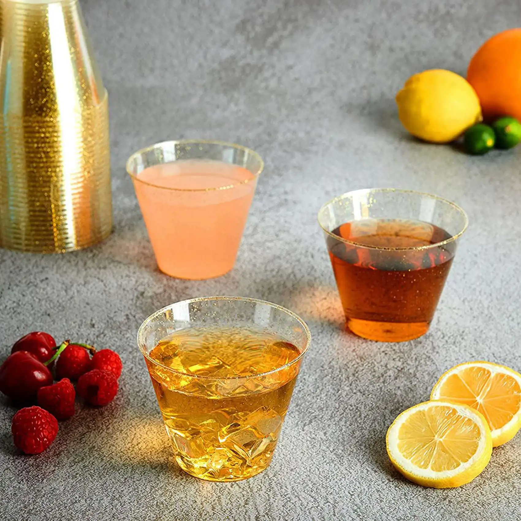 

IALJ-Gold Plastic Cups Clear Plastic Wine Glasses, Fancy Disposable Hard Plastic Cups With Gold Glitter For Party Cups 50Pcs