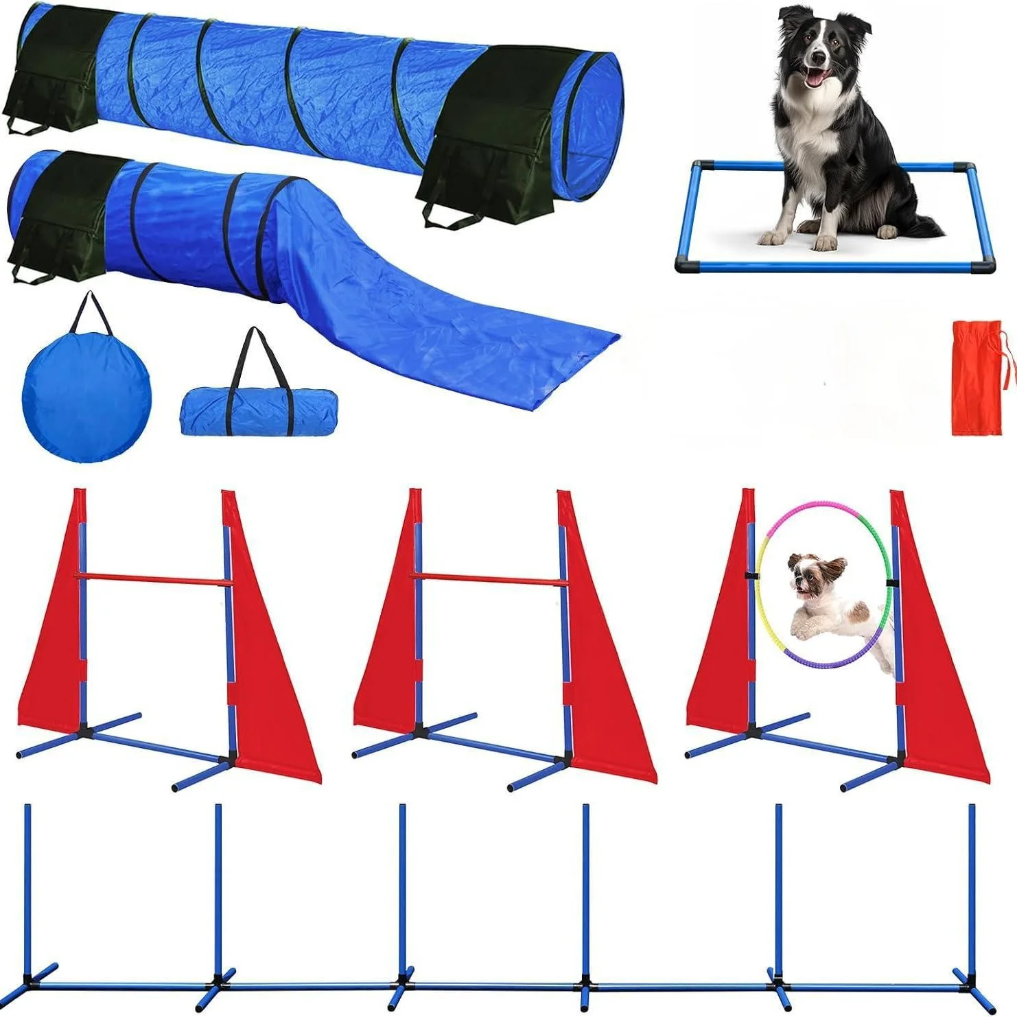

Dog Agility Course Backyard Set Agility Hurdle,Weave Poles,Jump Ring and Pause Box Dog Training Equipment for Exercise