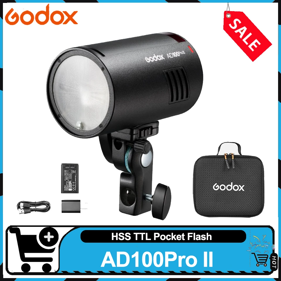 Godox AD100Pro II HSS TTL Pocket Flash 1.5S Recycling Time 490 Full-Power Flashes HD Color Screen 16 Color Group Indicator Light