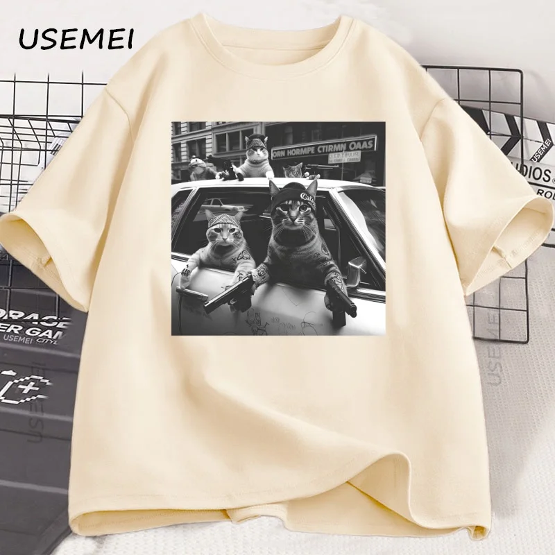 Funny Cat Gang T-Shirt Sarcastic Tshirt Unisex Oversized Graphic Tees Round Neck Short Sleeve Vintage T Shirt Mens Clothes