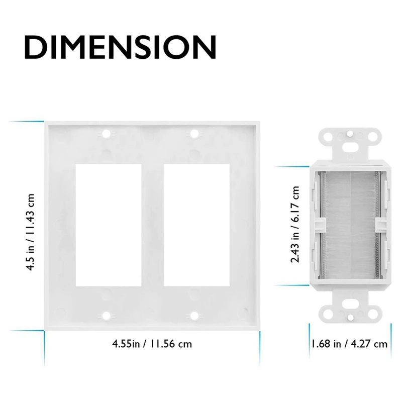 2-Gang Wall Plate, Brush Style Opening Passthrough Low Voltage Cable Plate In-Wall Installation For Speaker Wires