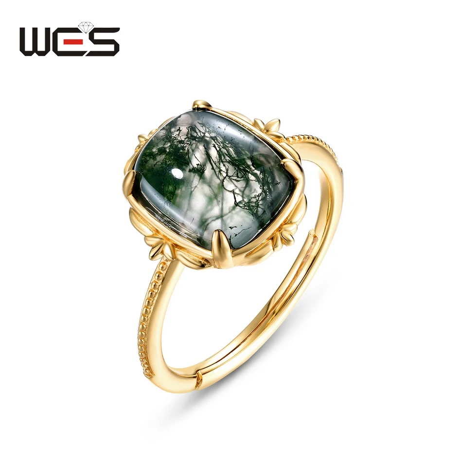 

WES 925 Sterling Silver Crystal 8*10mm Moss Agate Adjustable Rings for Woman Gold Plated Natural Stone Engagement Certified