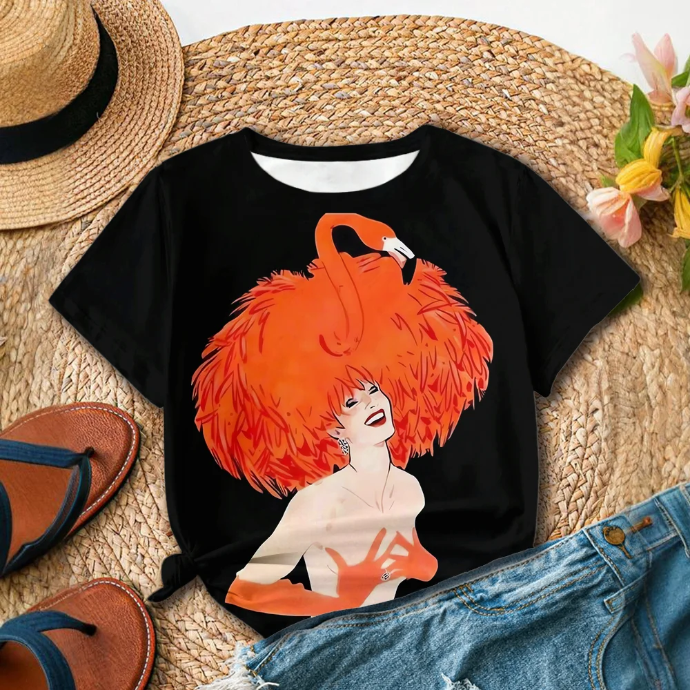 Camiseta con estampado de retrato naranja y negro para mujer, moda artística, informal, estilo veraniego, cuello redondo, manga corta