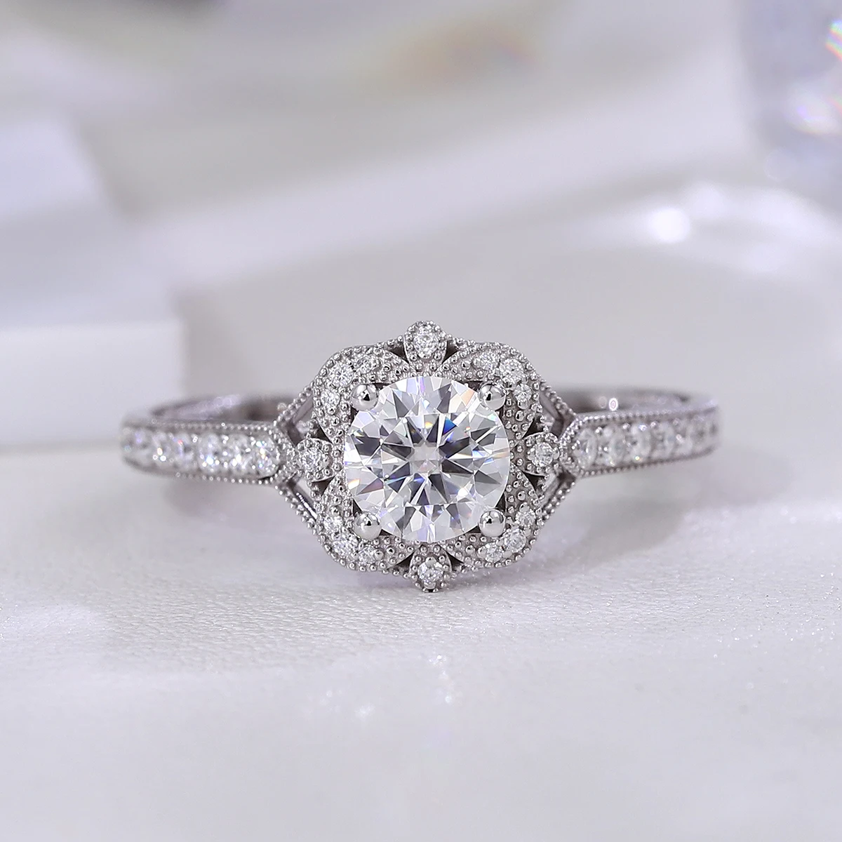 

Provence Vintage Round Moissanite Halo Engagement Ring Milgrain Split Shank with Side Stones Art Deco Retro Style Promise Ring