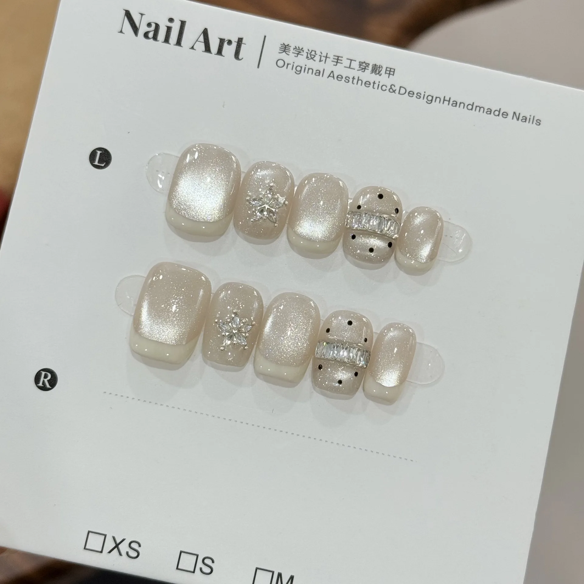 10pcs Gentle French Cat Eye Handmade Nails Zirconia Studs  Press on Nail Short Square Full Coverage Nail Tips for Women&Girl