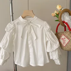 Girls' Solid Color Base Shirt White Bubble Sleeves Long Sleeved Top Ladylike Temperament New Children's Bow Shirt for Autumn