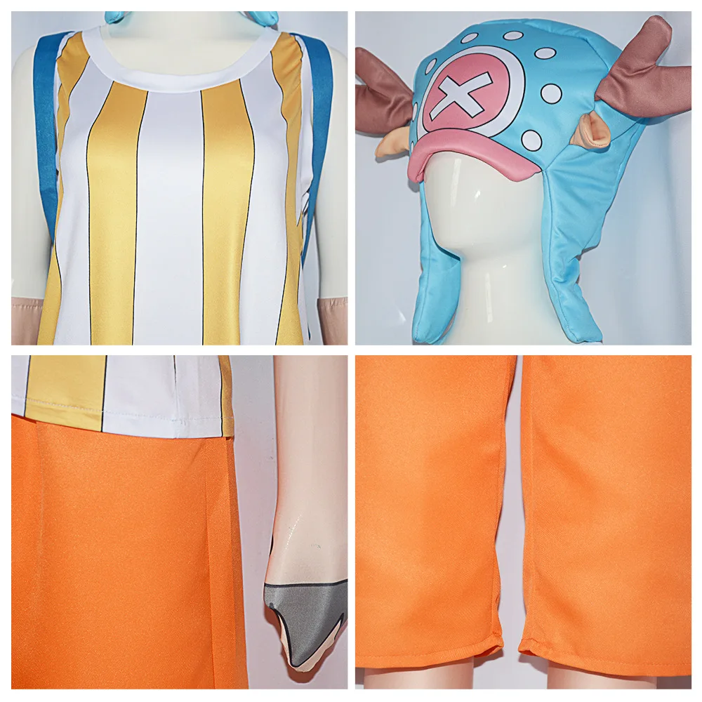 Costume de cosplay de renne Tony Chopper, T-shirt à bande jaune, chapeau bleu, sac, paupières d'Halloween imbibé, joueurs de 2 ans