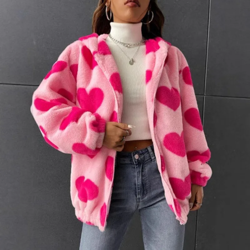 Hooded Zipper Faux Fur Jacket Print Short Loose Plush Coat with Hood Flurry Cardigans Winter Warm Stylish Women's Furry Jackets