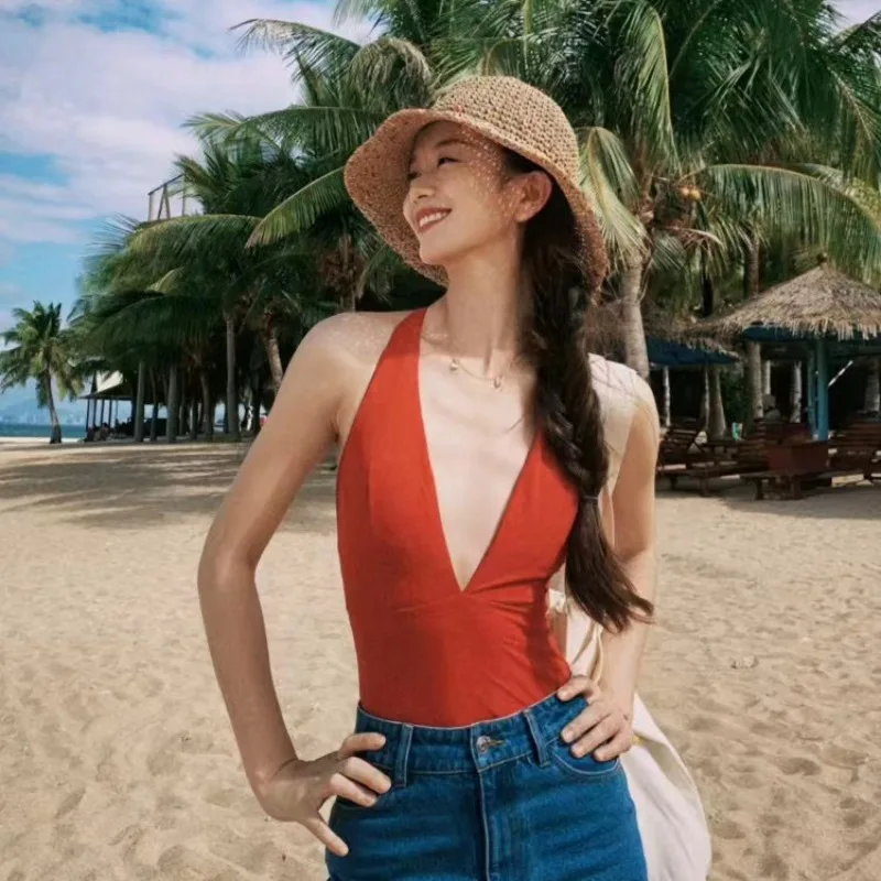 Vintage Deep V Plunge Swimsuit Women Open Back Tummy Control Push Up with Built in Bra Sexy Slimming for Vacation Beach