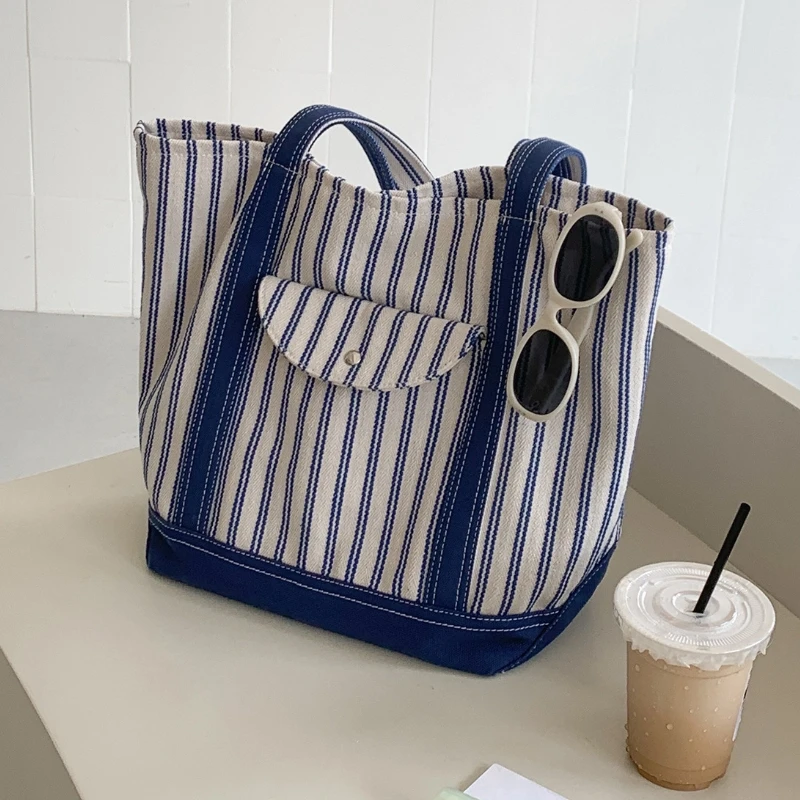 

2026 New Trend Vertical Stripes Canvas Tote Bag British Style Large Capacity Fashionable and Casual Shoulder Bag for Women