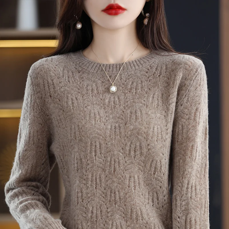 Spring/Autumn New Fashion Crocheted Hollow Top Women\'s Pure Wool Knitted Sweater Round Neck Loose Phoenix Flower Knit Pullover