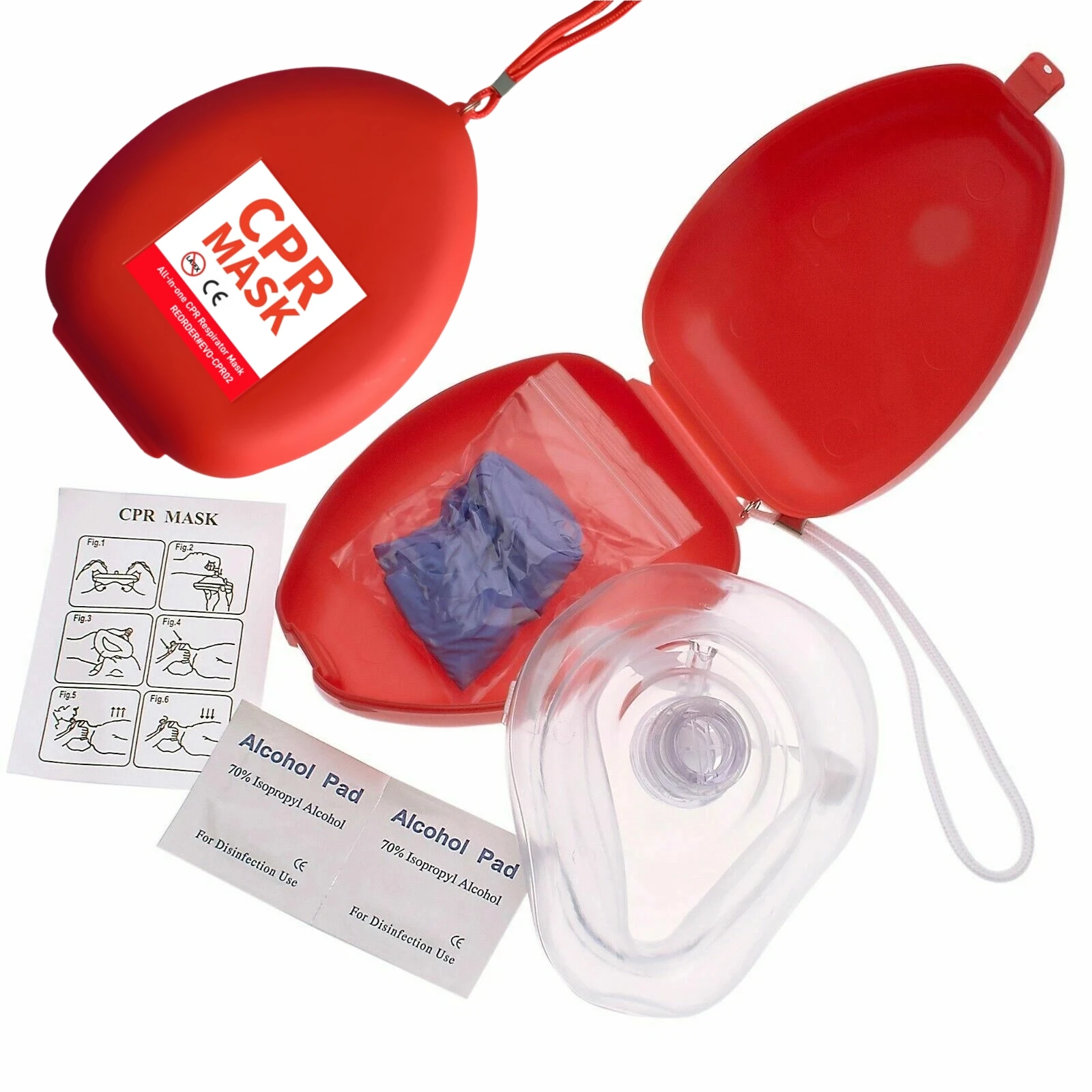 Kit Masker CPR Profesional untuk Dewasa dan Bayi dengan 2 Katup, Sarung Tangan Vinyl, Bantalan Alkohol, Resusitator, Kotak Keras, Tali Pergelangan Tangan