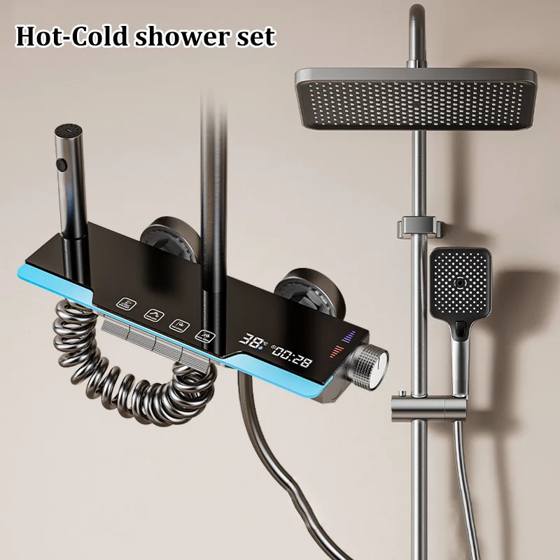 

Space Aluminum Household Gun Gray Digital Display Shower Set Hotel Bathroom Shower Atmosphere Light Shower Full Set