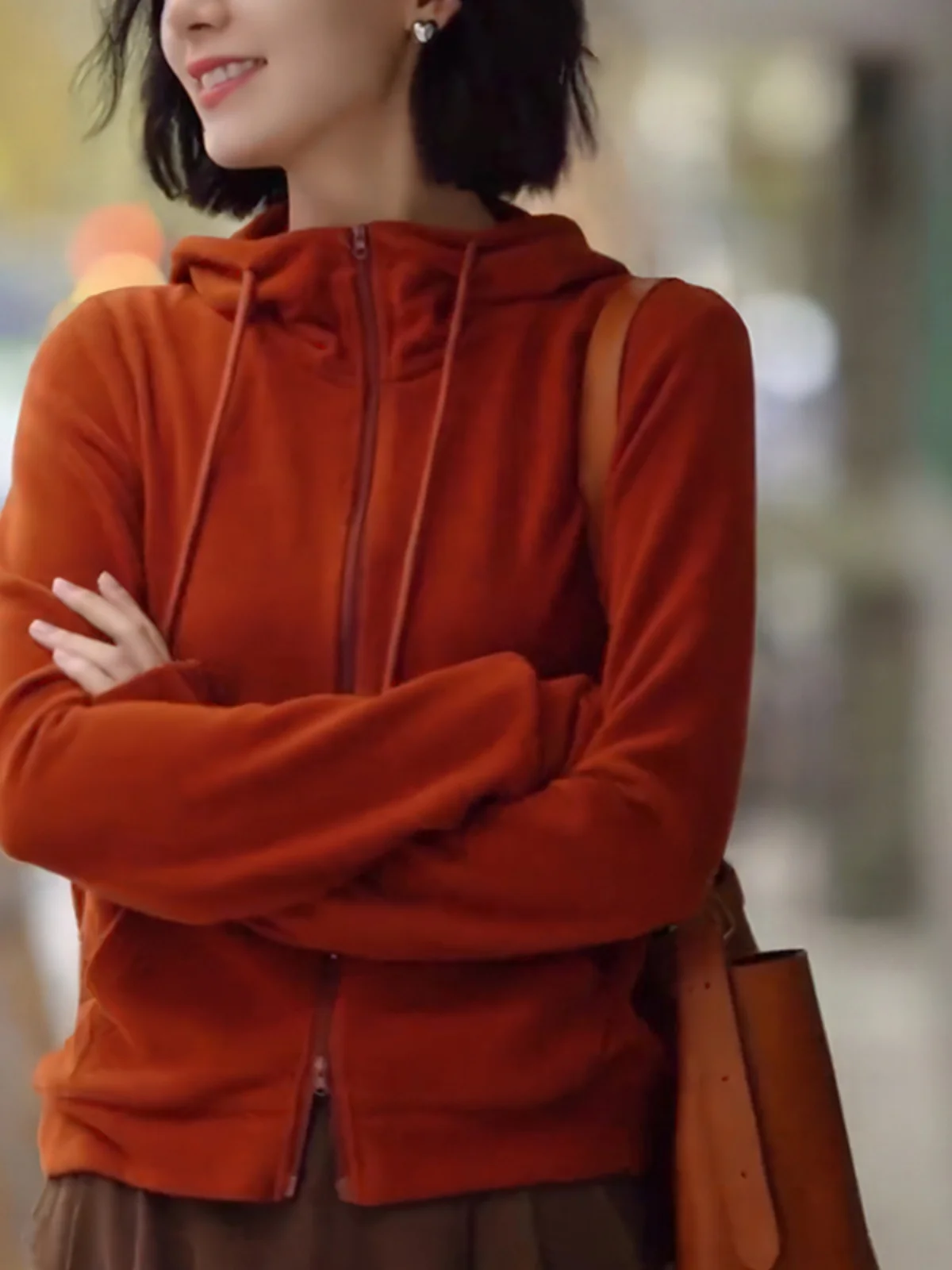 

Orange Red Hooded Long Sve Women's Jaet Dstring Casual Sle Spring Autumn plus Size Slimming Simple Match All Hoodie