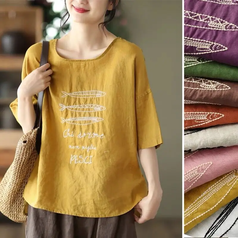 레트로 자수 린넨 반팔 티셔츠 여성 여름 신상 루즈핏 큰 사이즈 다용도 디자인 라운드넥 오버헤드 셔츠