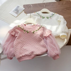 Sweatshirt for Girl Baby Fashion Floral Embroidery  Lace Sleeve Top 2023 Autumn New Korean Girls' Pullover Tops 2-6 Years Old