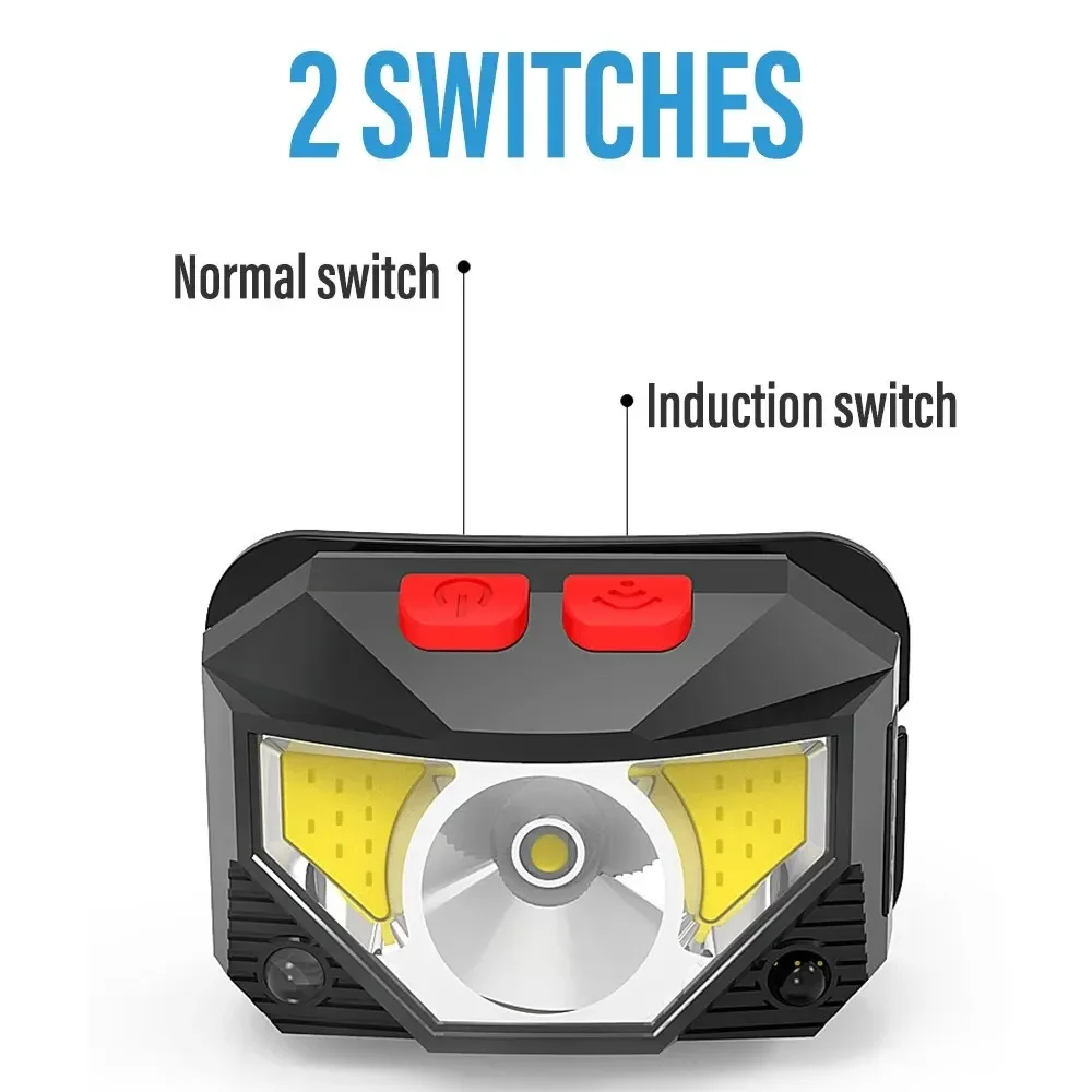 Linterna frontal COB+LED de 8 modos, faro con sensor de movimiento recargable por USB, linterna frontal para pesca y camping con luz blanca y roja para exteriores